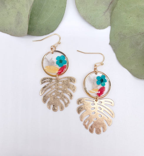 Pressed Flowers with Gold Fern Leaf Resin Earrings