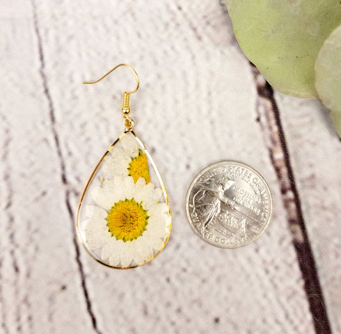 Handmade Pressed Daisy Teardrop Dangle Earrings