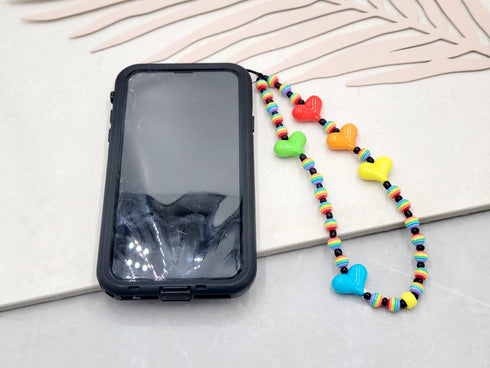 90s/Y2K style Phone Chain, Hearts Charm, Beaded Lanyard Wrist Strap, Cell Phone Accessory, Beads Gifts for Her