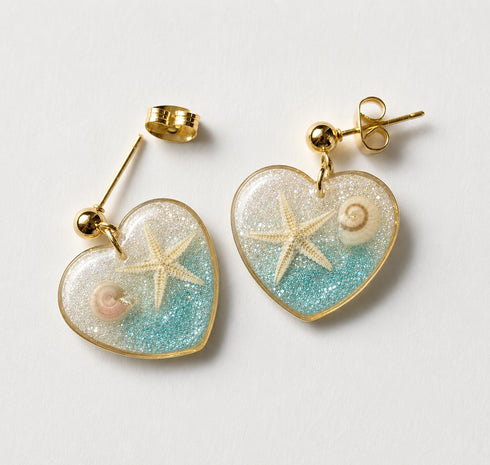Coastal Heart Resin Earrings, Starfish Shell Jewelry, Ocean Inspired Beach Earrings