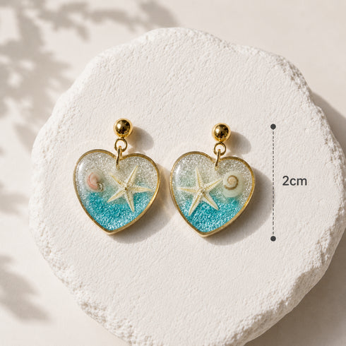 Coastal Heart Resin Earrings, Starfish Shell Jewelry, Ocean Inspired Beach Earrings