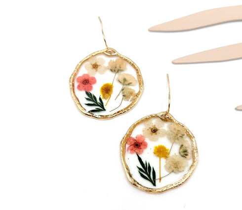 Multi-Color Pressed Flowers Circle Drop Resin Handmade Earrings