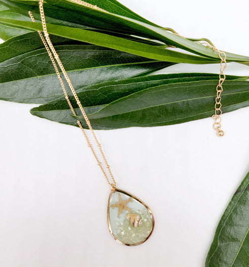 Tiny Starfish Seashell Beach Tropical Teardrop Ocean Pendant Necklace