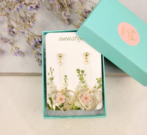 Handmade Pressed Flowers Resin Heart Dangle Earrings
