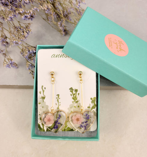 Handmade Pressed Flowers Resin Heart Dangle Earrings