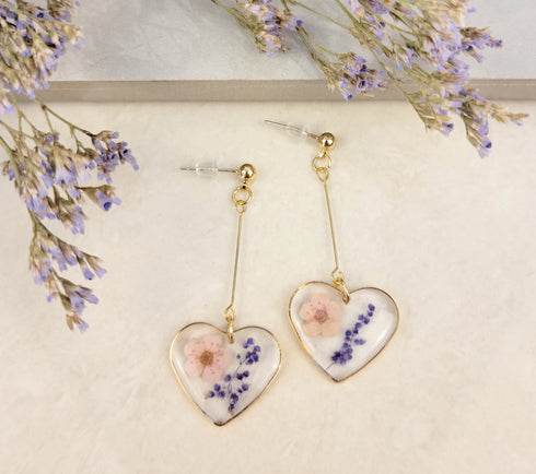 Handmade Pressed Flowers Resin Heart Dangle Earrings