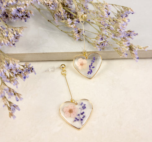 Handmade Pressed Flowers Resin Heart Dangle Earrings