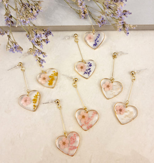 Handmade Pressed Flowers Resin Heart Dangle Earrings