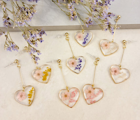 Handmade Pressed Flowers Resin Heart Dangle Earrings