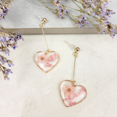 Handmade Pressed Flowers Resin Heart Dangle Earrings
