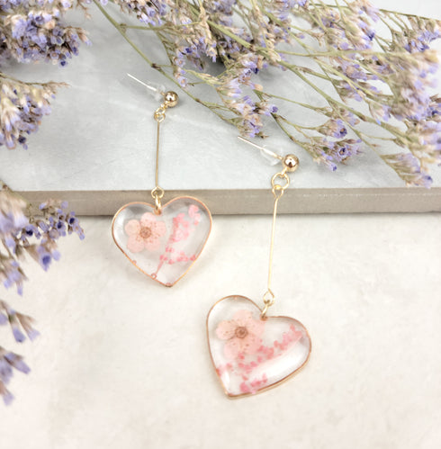 Handmade Pressed Flowers Resin Heart Dangle Earrings