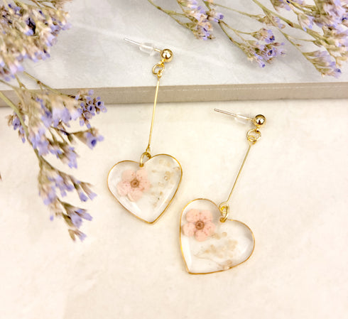 Handmade Pressed Flowers Resin Heart Dangle Earrings