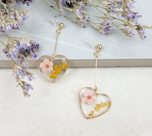 Handmade Pressed Flowers Resin Heart Dangle Earrings