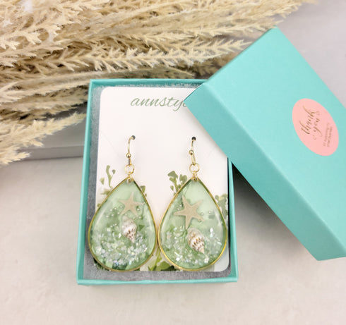 Tiny Starfish Seashell Beach Tropical Teardrop Dangle Earrings