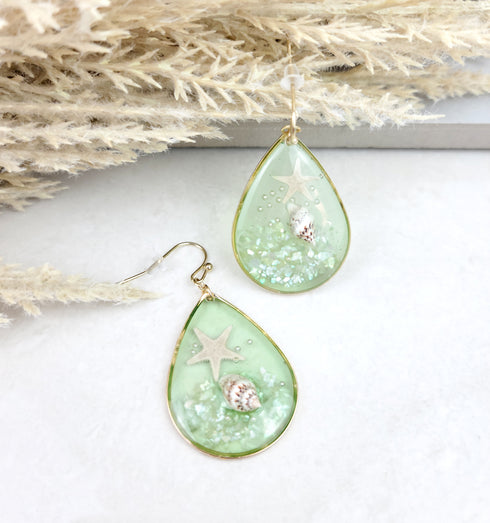 Tiny Starfish Seashell Beach Tropical Teardrop Dangle Earrings