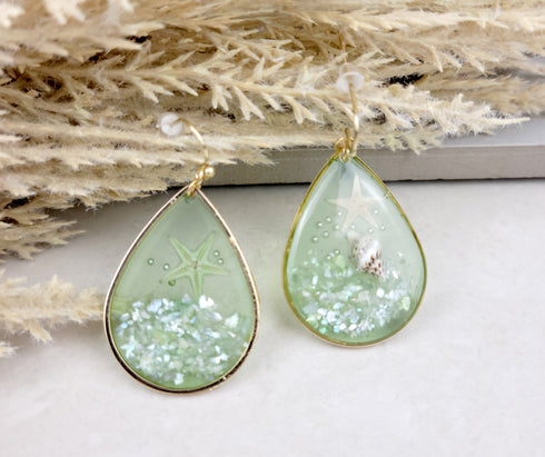 Tiny Starfish Seashell Beach Tropical Teardrop Dangle Earrings