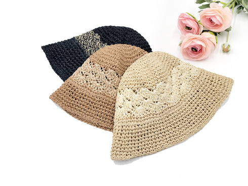 Handmade Crochet Size Adjustable Foldable Straw Bucket Hat