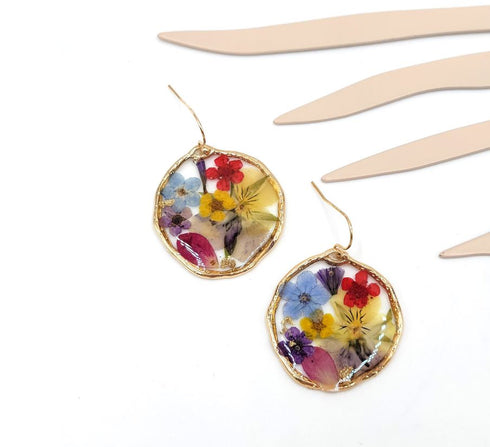 Multi-Color Pressed Flowers Circle Drop Resin Handmade Earrings