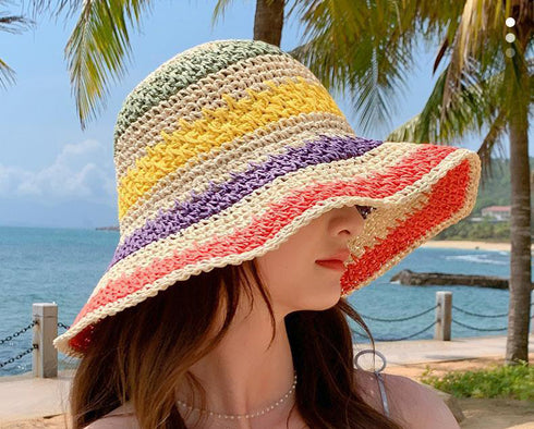 Stripe Pattern Crochet Size Adjustable Foldable Straw Beach Hat