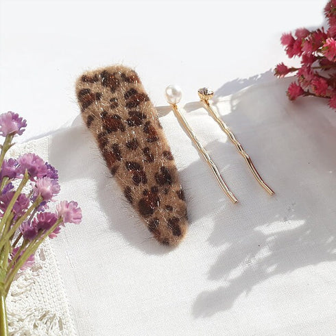 Leopard Hair Clip and Gold Bobby Pins Set