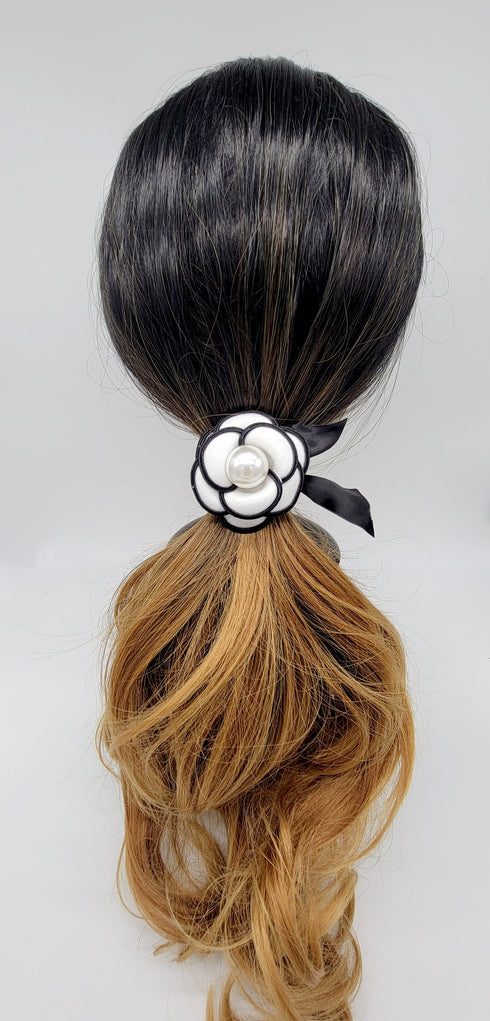 Handmade Black & white flower hair tie