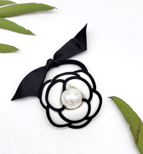 Handmade Black & white flower hair tie