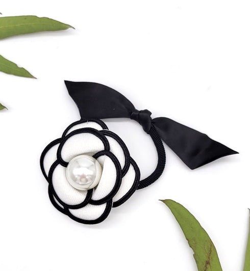 Handmade Black & white flower hair tie