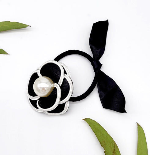 Handmade Black & white flower hair tie