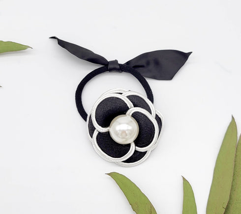 Handmade Black & white flower hair tie