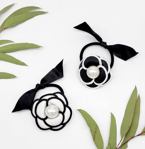 Handmade Black & white flower hair tie