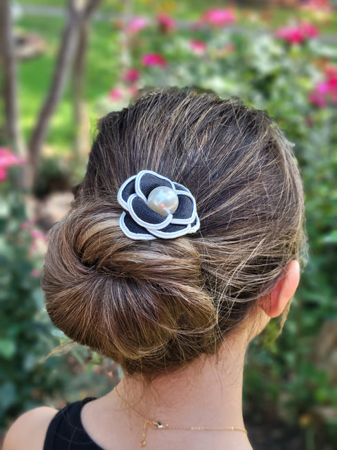 Handmade Black & white flower hair tie