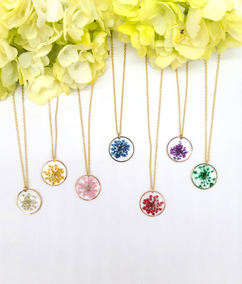 Handmade Dried flower Small Botanical Circle Necklace Handmade Resin Necklace , Real flower jewelry, gifts for her