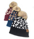 Leopard Jacquard Knit C.C Beanie With Pom Women Thick Stretch Winter Hat