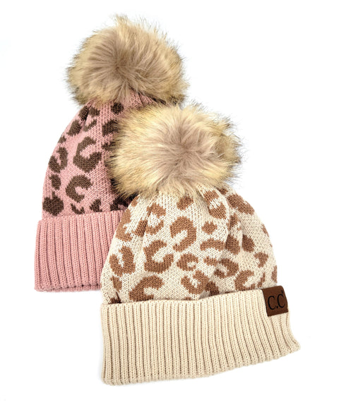 Leopard Jacquard Knit C.C Beanie With Pom Women Thick Stretch Winter Hat