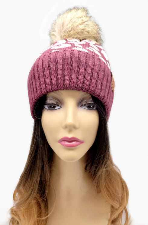 Leopard Jacquard Knit C.C Beanie With Pom Women Thick Stretch Winter Hat