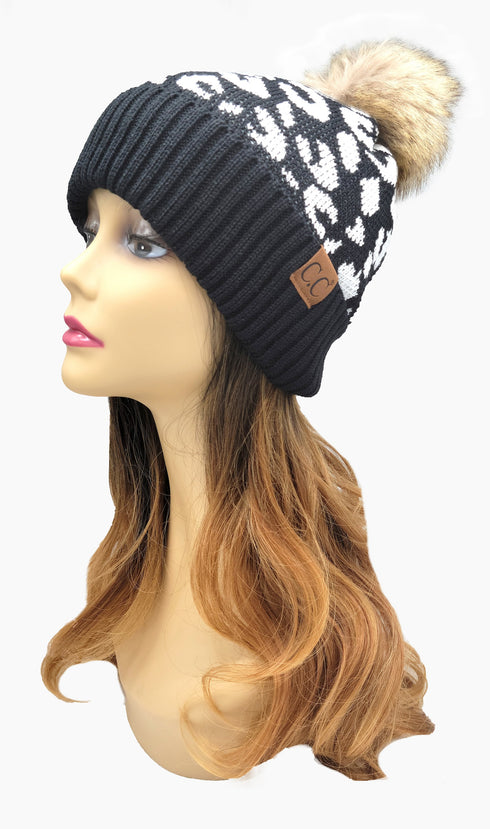 Leopard Jacquard Knit C.C Beanie With Pom Women Thick Stretch Winter Hat
