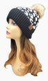Leopard Jacquard Knit C.C Beanie With Pom Women Thick Stretch Winter Hat