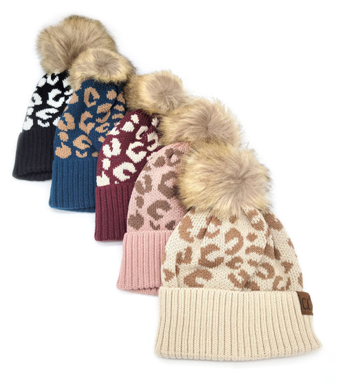 Leopard Jacquard Knit C.C Beanie With Pom Women Thick Stretch Winter Hat