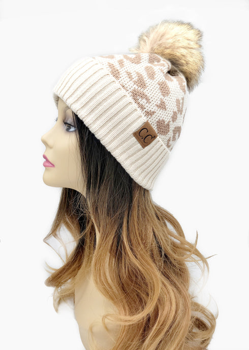 Leopard Jacquard Knit C.C Beanie With Pom Women Thick Stretch Winter Hat