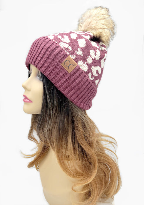 Leopard Jacquard Knit C.C Beanie With Pom Women Thick Stretch Winter Hat