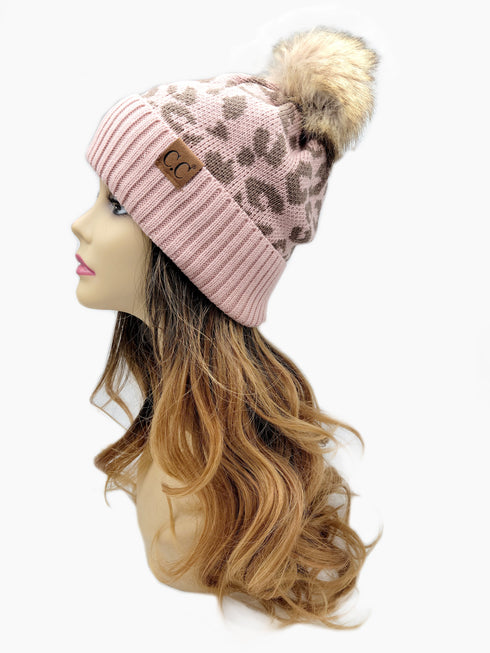 Leopard Jacquard Knit C.C Beanie With Pom Women Thick Stretch Winter Hat