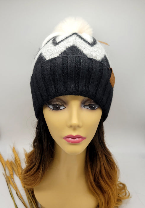 Chevron Beanie with Faux Fur Pom C.C Hat