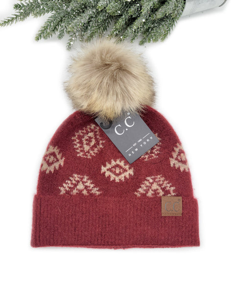 Aztec Print Faux Fur Pom Beanie C.C Hat for her, gifts