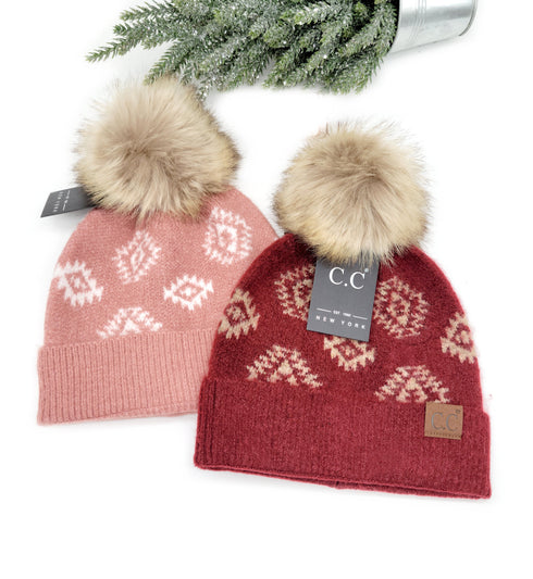 Aztec Print Faux Fur Pom Beanie C.C Hat for her, gifts
