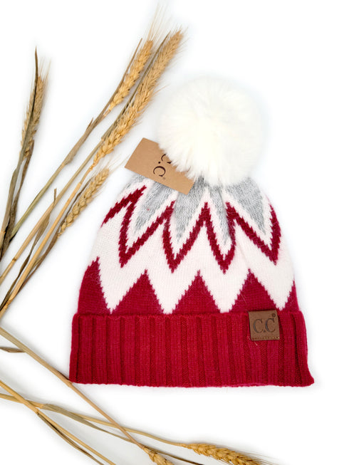 Chevron Beanie with Faux Fur Pom C.C Hat