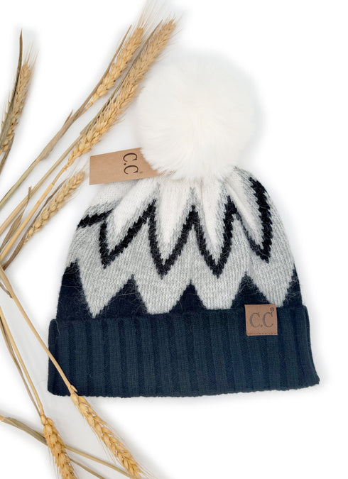 Chevron Beanie with Faux Fur Pom C.C Hat