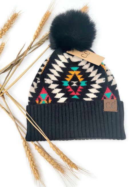C.C Aztec Patterned Faux Fur Pom C.C Beanie Hat