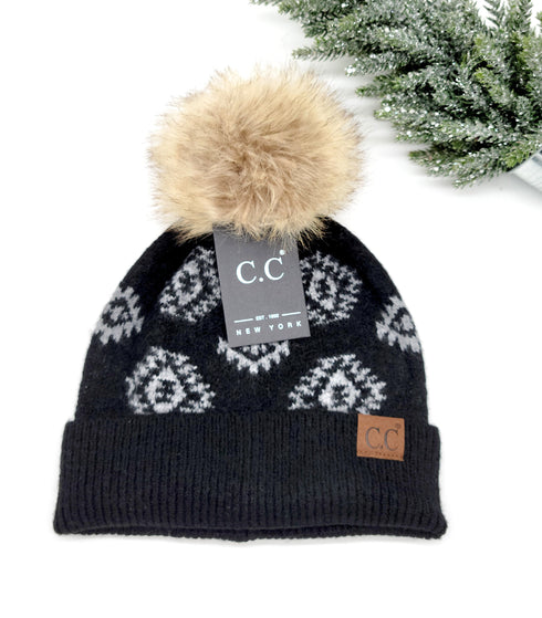 Aztec Print Faux Fur Pom Beanie C.C Hat for her, gifts