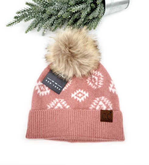 Aztec Print Faux Fur Pom Beanie C.C Hat for her, gifts