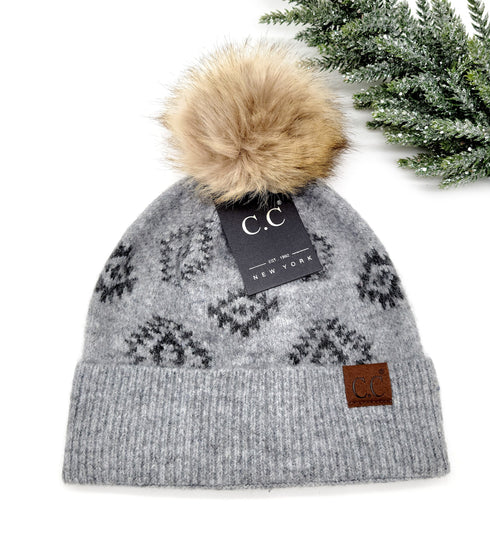 Aztec Print Faux Fur Pom Beanie C.C Hat for her, gifts